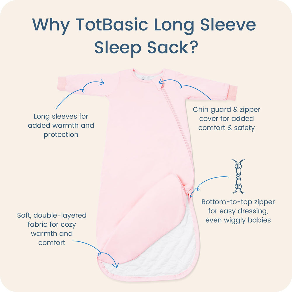 TOTBASIC baby sleep sack long sleeve blush demonstrates arm warmth for cozy nights