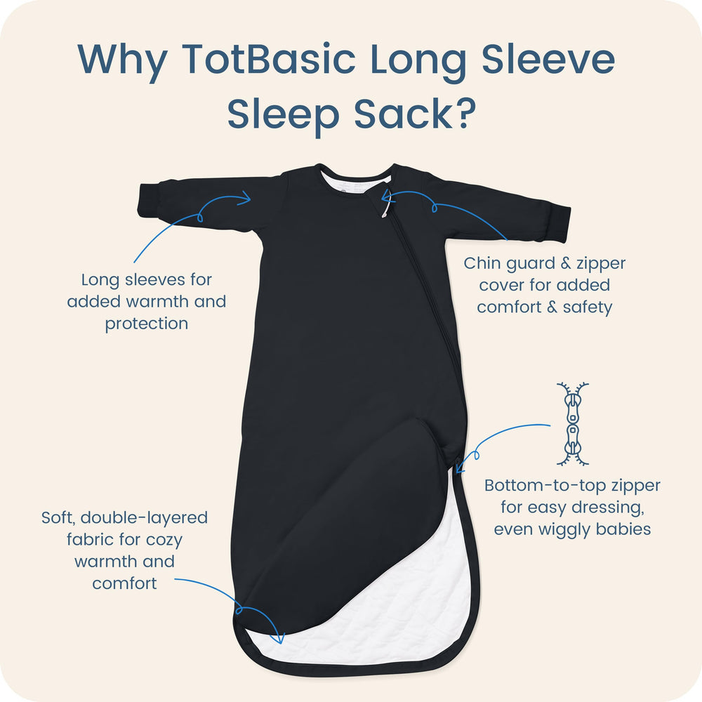 TOTBASIC baby sleep sack Midnight sleeves close-up shows built-in warmth.