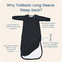 TOTBASIC baby sleep sack Midnight sleeves close-up shows built-in warmth.