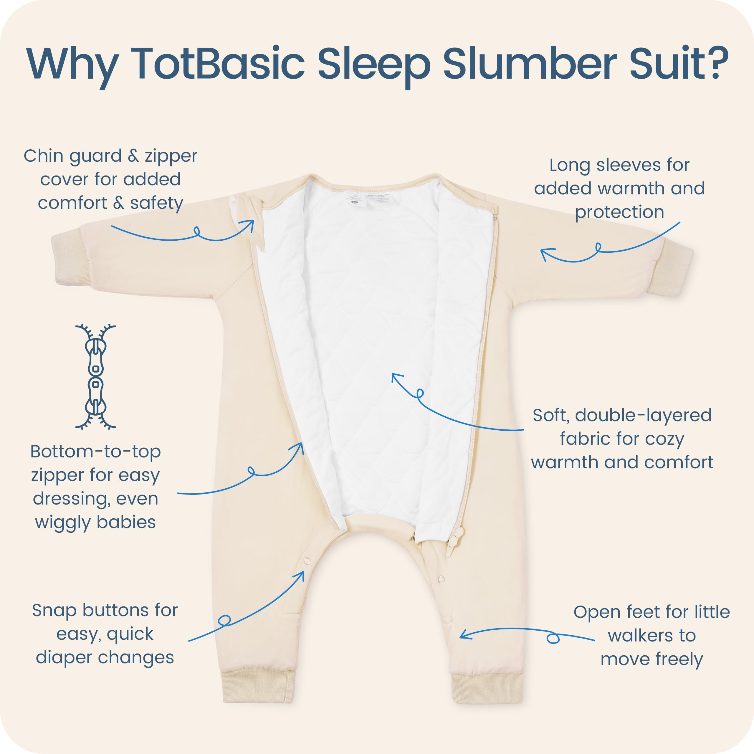 TOTBASIC sleep sack with feet, oat color, smooth zipper for quick diaper changes