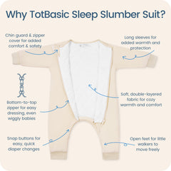 TOTBASIC sleep sack with feet, oat color, smooth zipper for quick diaper changes