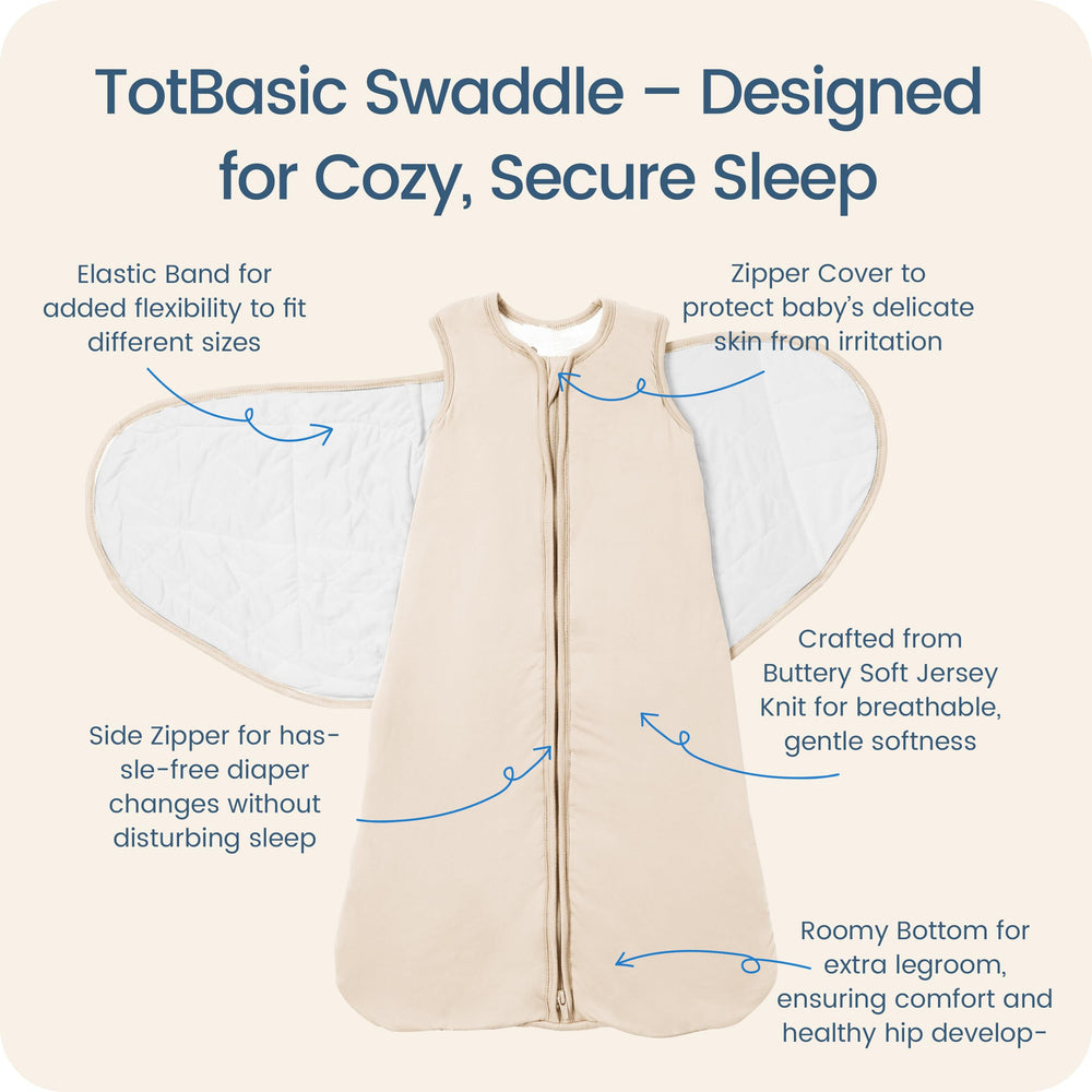 TOTBASIC 3-way adjustable swaddle demonstrates arms-in, transition, and wearable sleep sack versatility.