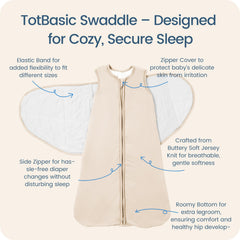 TOTBASIC 3-way adjustable swaddle demonstrates arms-in, transition, and wearable sleep sack versatility.