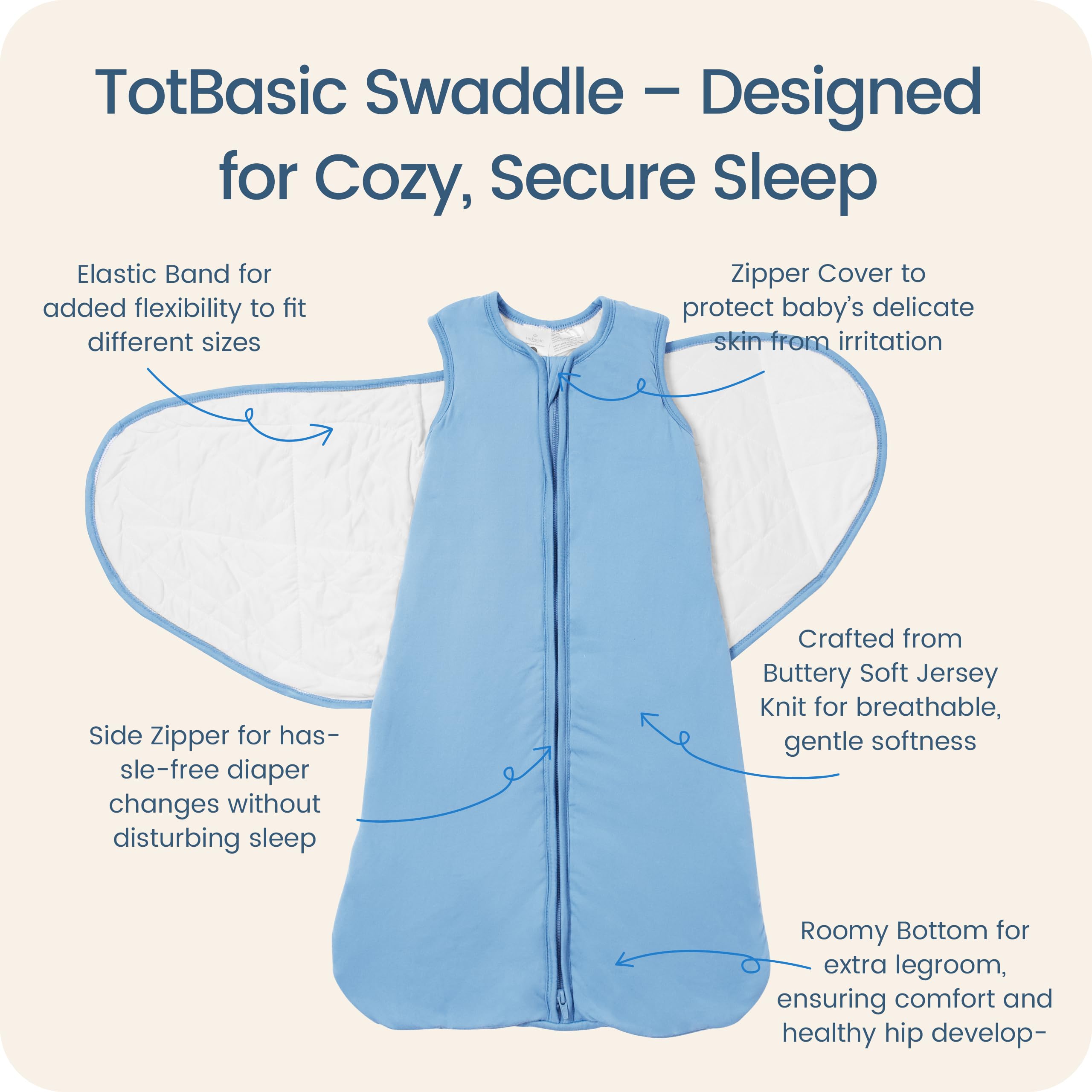 TOTBASIC baby swaddle blanket fog arms-in setup demonstrates secure wrap