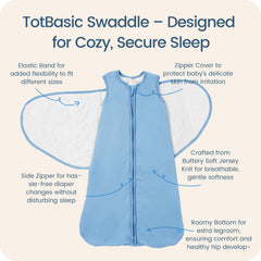 TOTBASIC baby swaddle blanket fog arms-in setup demonstrates secure wrap