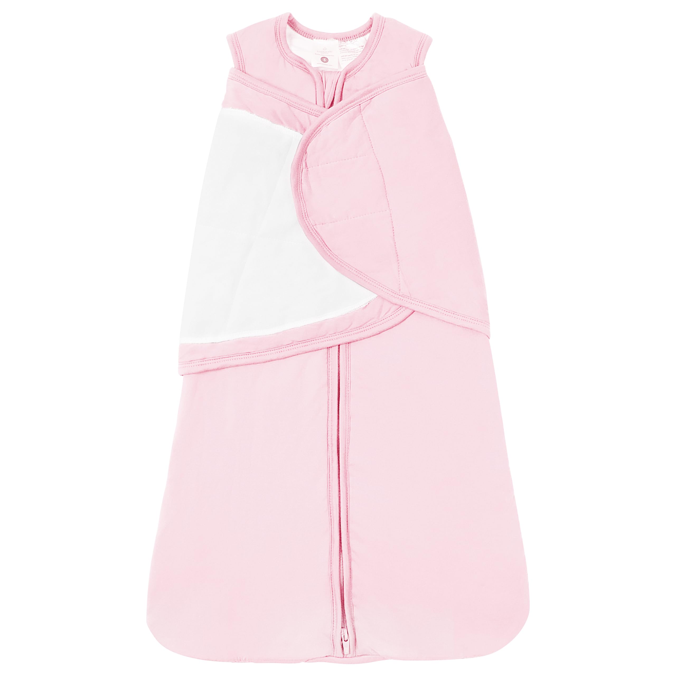 TOTBASIC Baby Swaddle blush in-use demonstrates secure snug fit for newborn-like calm sleep.