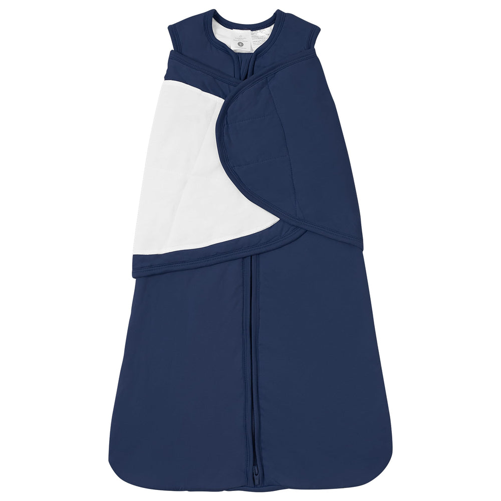 TOTBASIC baby swaddle navy front view shows cozy 1.0 TOG warmth for safe sleep