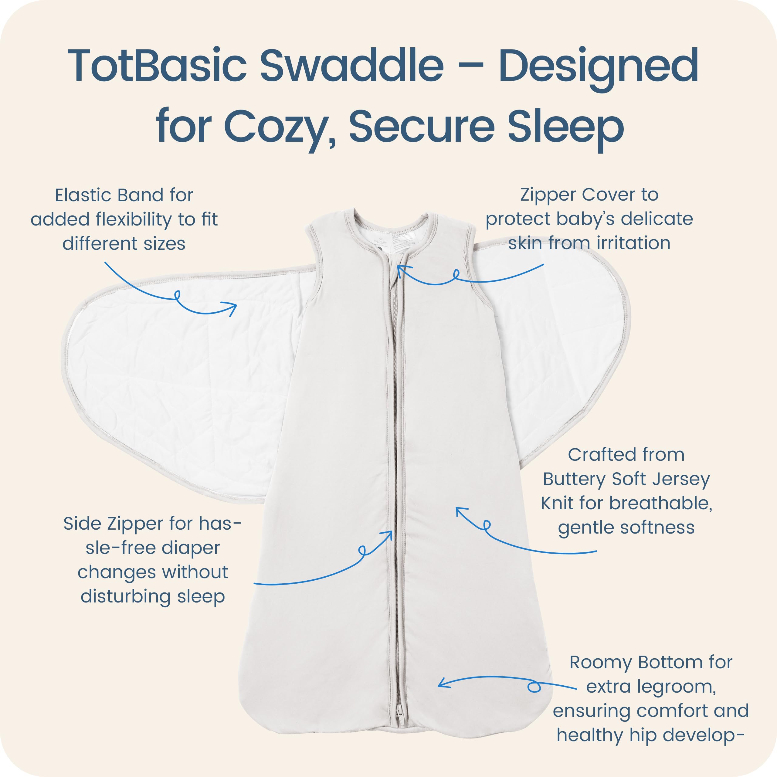 TOTBASIC 3-way adjustable swaddle sack showing versatile fit options