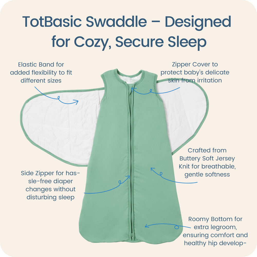 TOTBASIC baby swaddle Sage on baby, promotes snug transition to sleep sack.