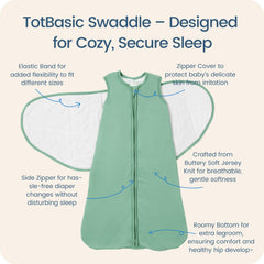 TOTBASIC baby swaddle Sage on baby, promotes snug transition to sleep sack.