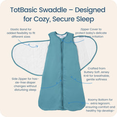 TOTBASIC baby swaddle slate transition swaddle supports growing infant through 3–6 months.