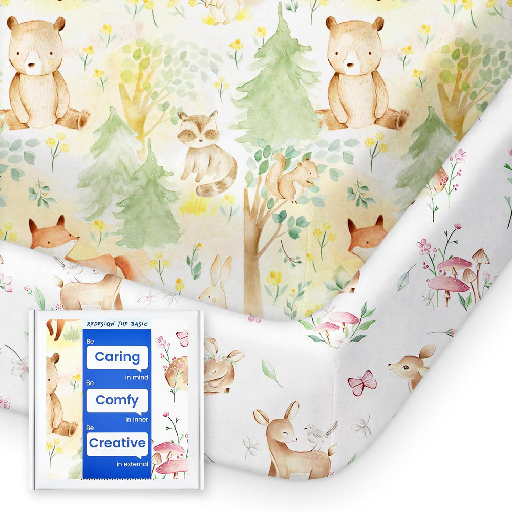 TotBasic forest bear pattern mini crib sheet closeup of ultra-soft jersey fabric for cozy naps