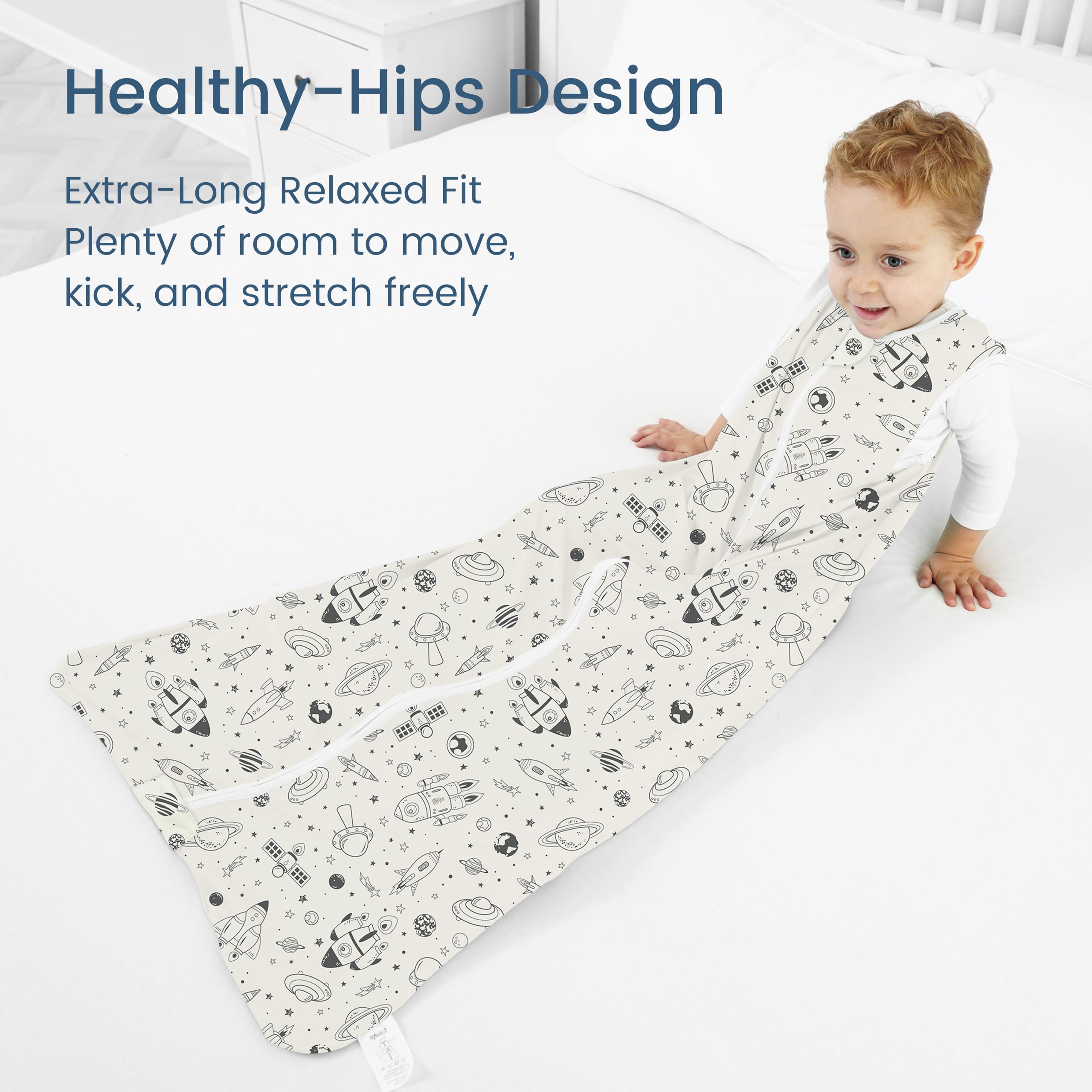 TOTBASIC Sleep Sack 2T-4T fit demonstrates roomy leg pouch for movement