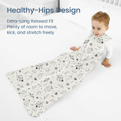 TOTBASIC Sleep Sack 2T-4T fit demonstrates roomy leg pouch for movement