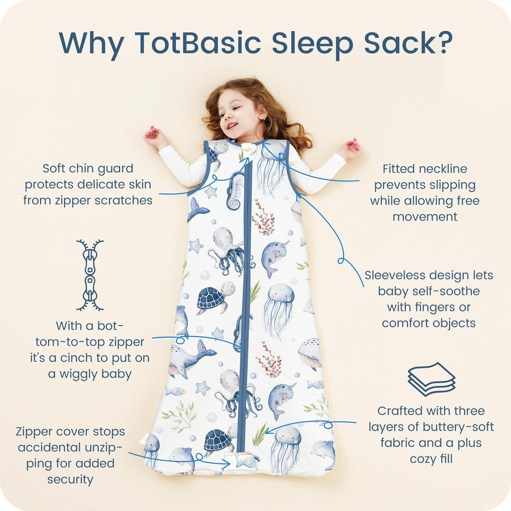 TotBASIC sleep sack layered with warmer garments for year-round comfort.