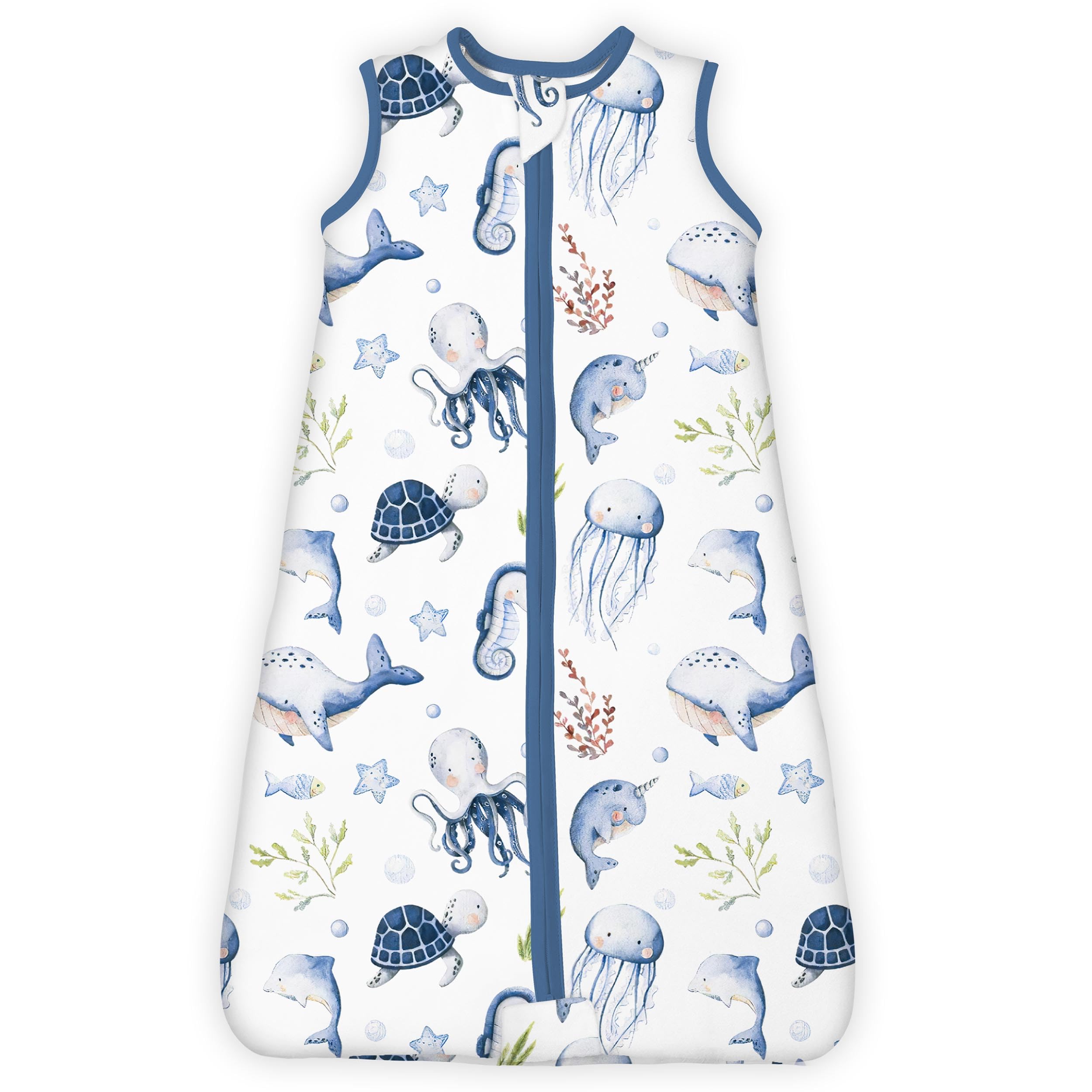 TOTBASIC sleep sack Ocean Animals print front view for secure, comfortable baby sleep.