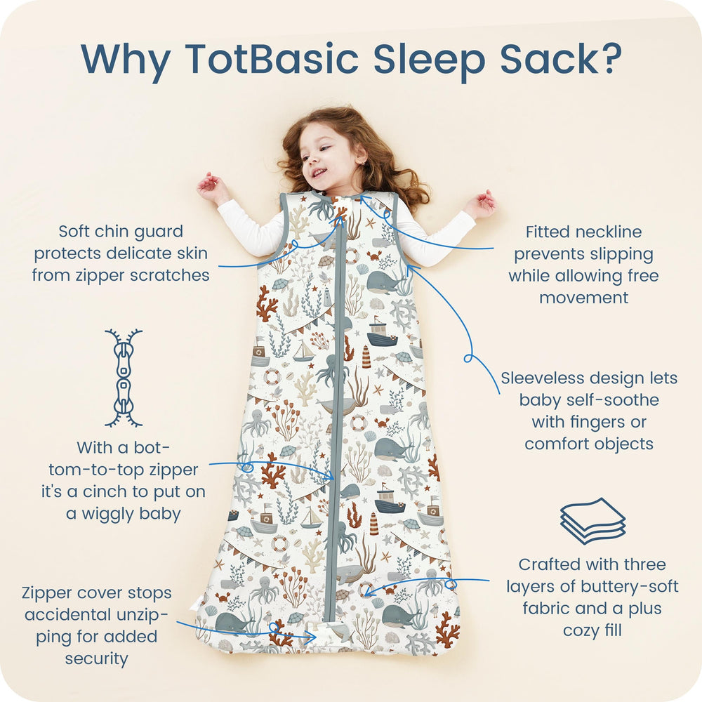 TOTBASIC sleep sack room-temperature use supports year-round comfort.