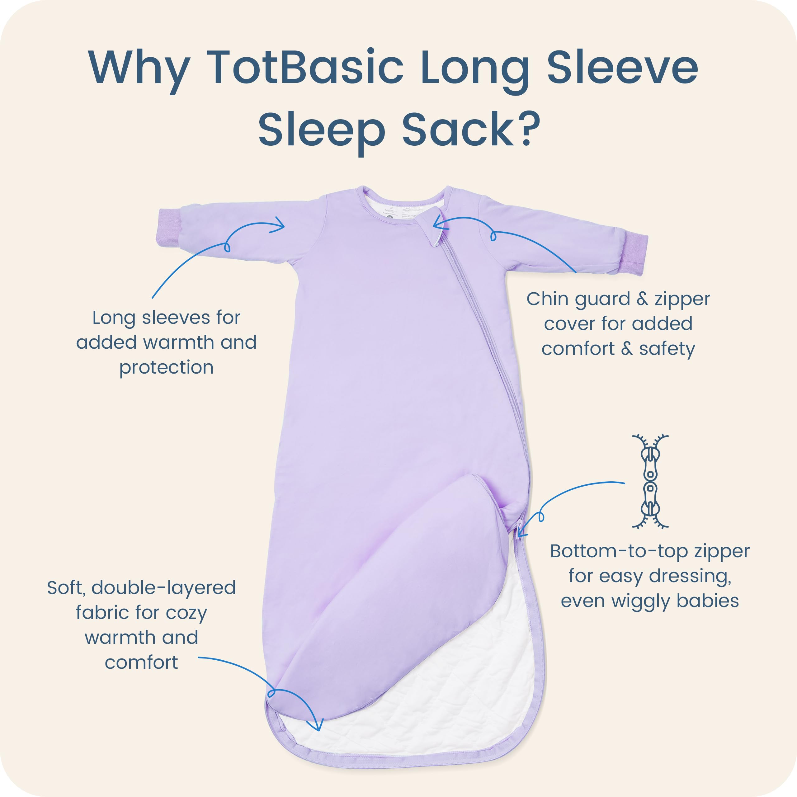 TOTBASIC sleep sack with two-way zipper enables easy on-off changes.