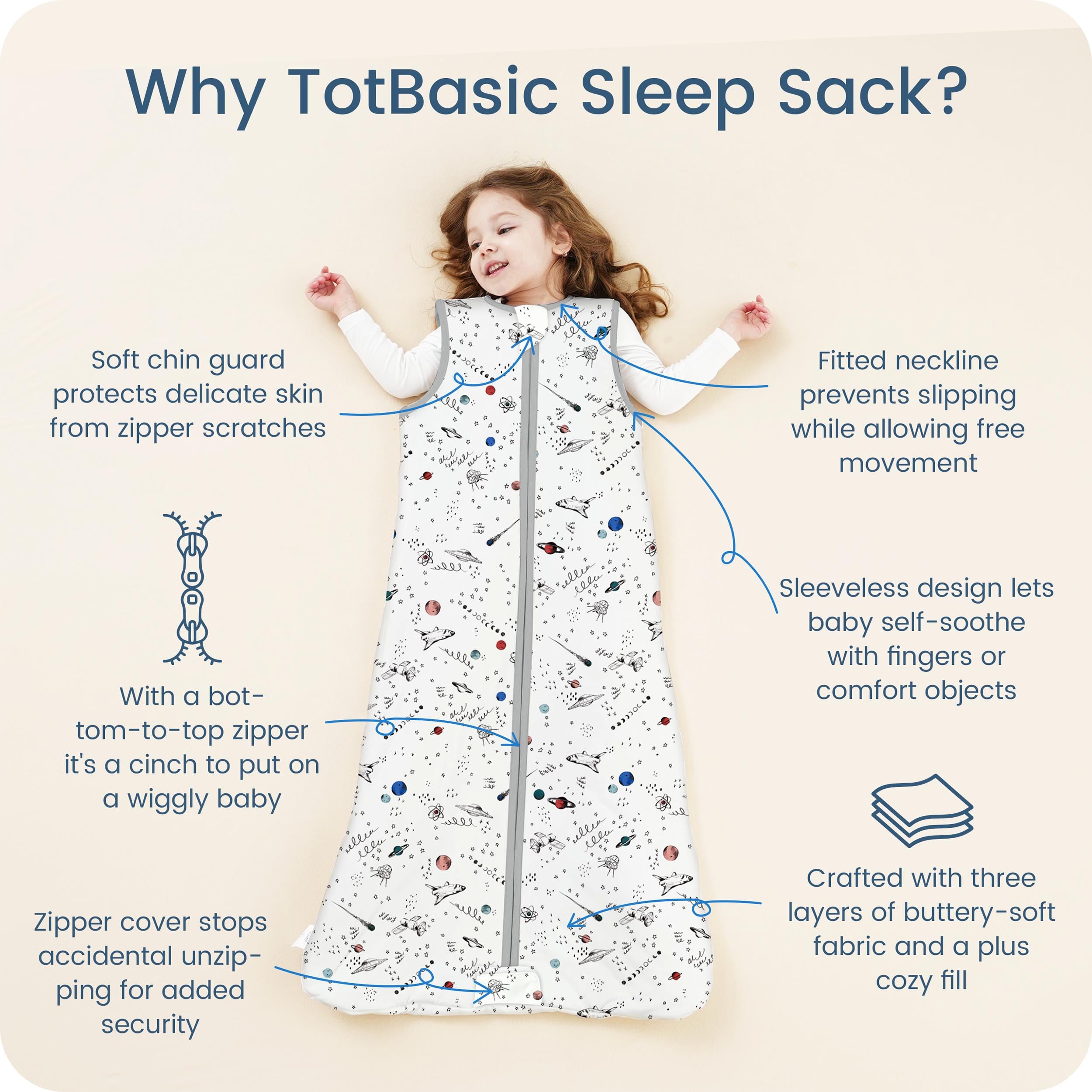 TOTBASIC sleep sack worn by baby demonstrates sleeveless design for freedom of movement.