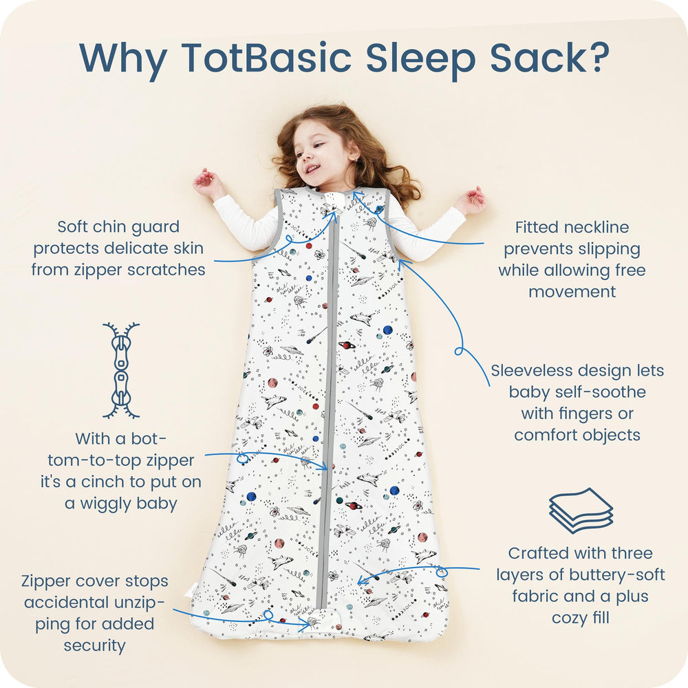 TOTBASIC sleep sack worn by baby demonstrates sleeveless design for freedom of movement.