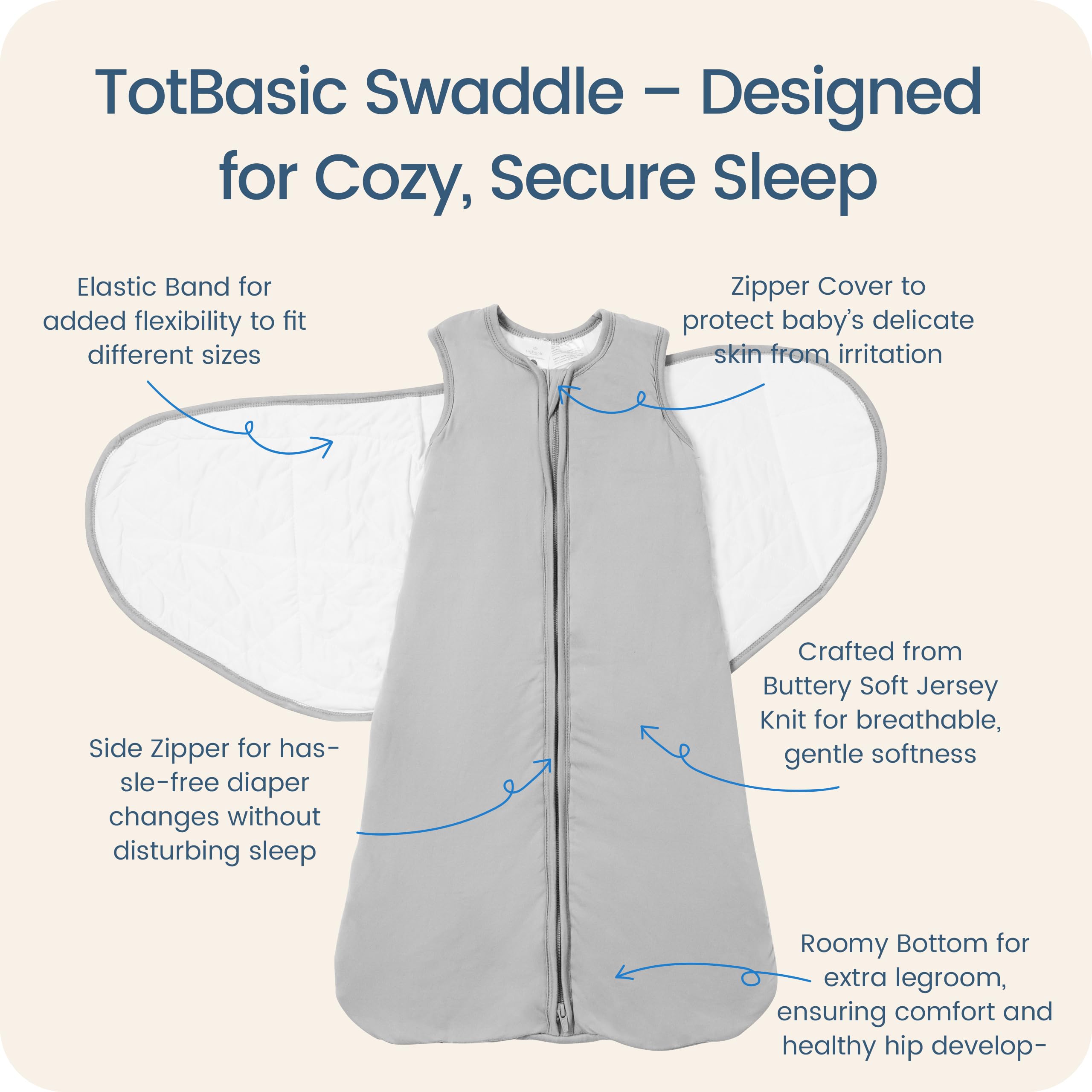 TOTBASIC Storm swaddle secure Velcro shows adjustable fit for growing babies.