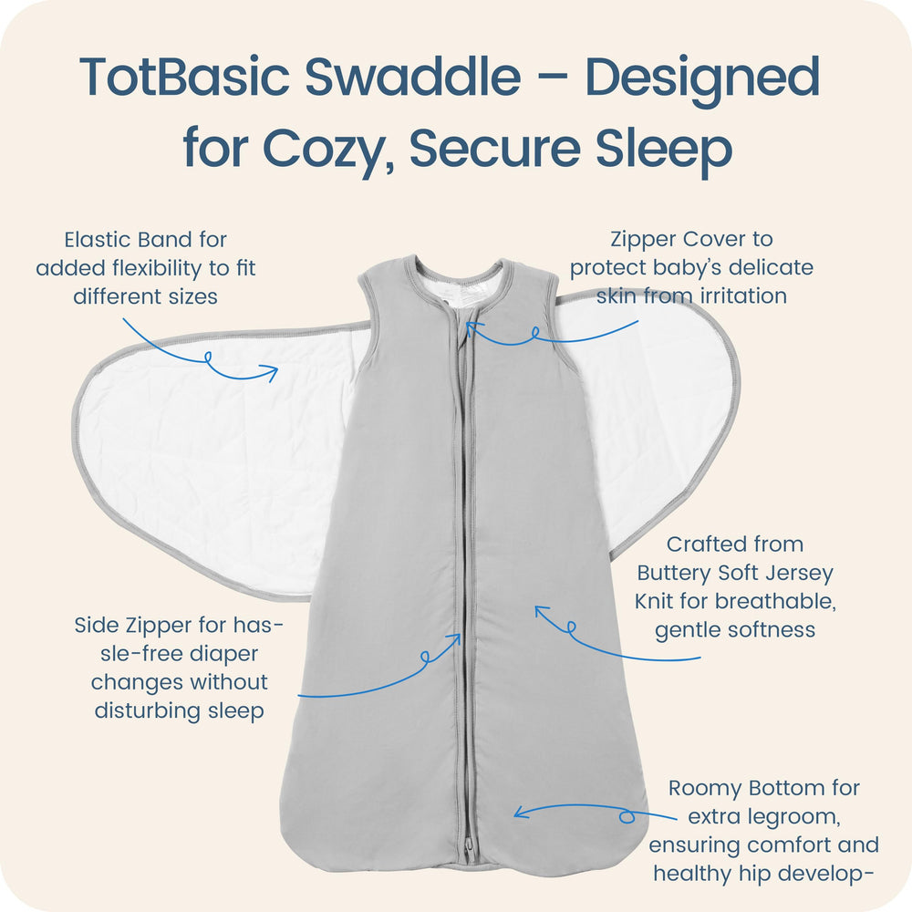 TOTBASIC Storm swaddle secure Velcro shows adjustable fit for growing babies.