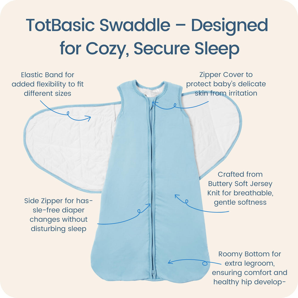 TOTBASIC swaddle with Velcro fasteners keeps baby snug.