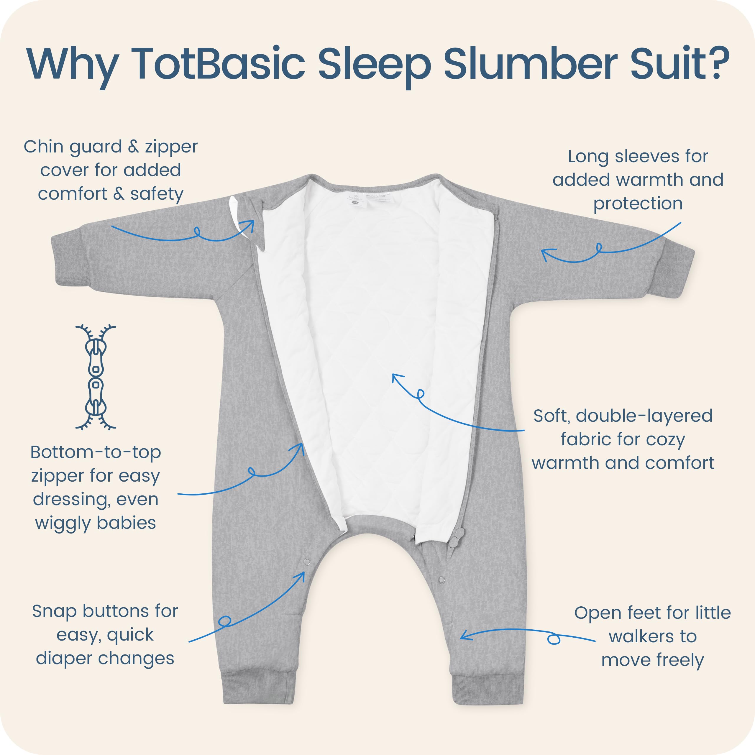 TOTBASIC sleep sack with foot openings enables gentle walking and movement