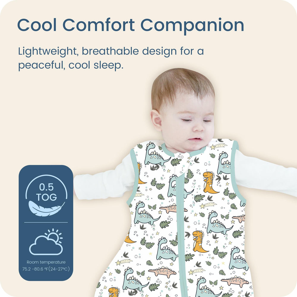 TOTBASIC toddler sleep sack front view, cozy sleeveless design for arm mobility.