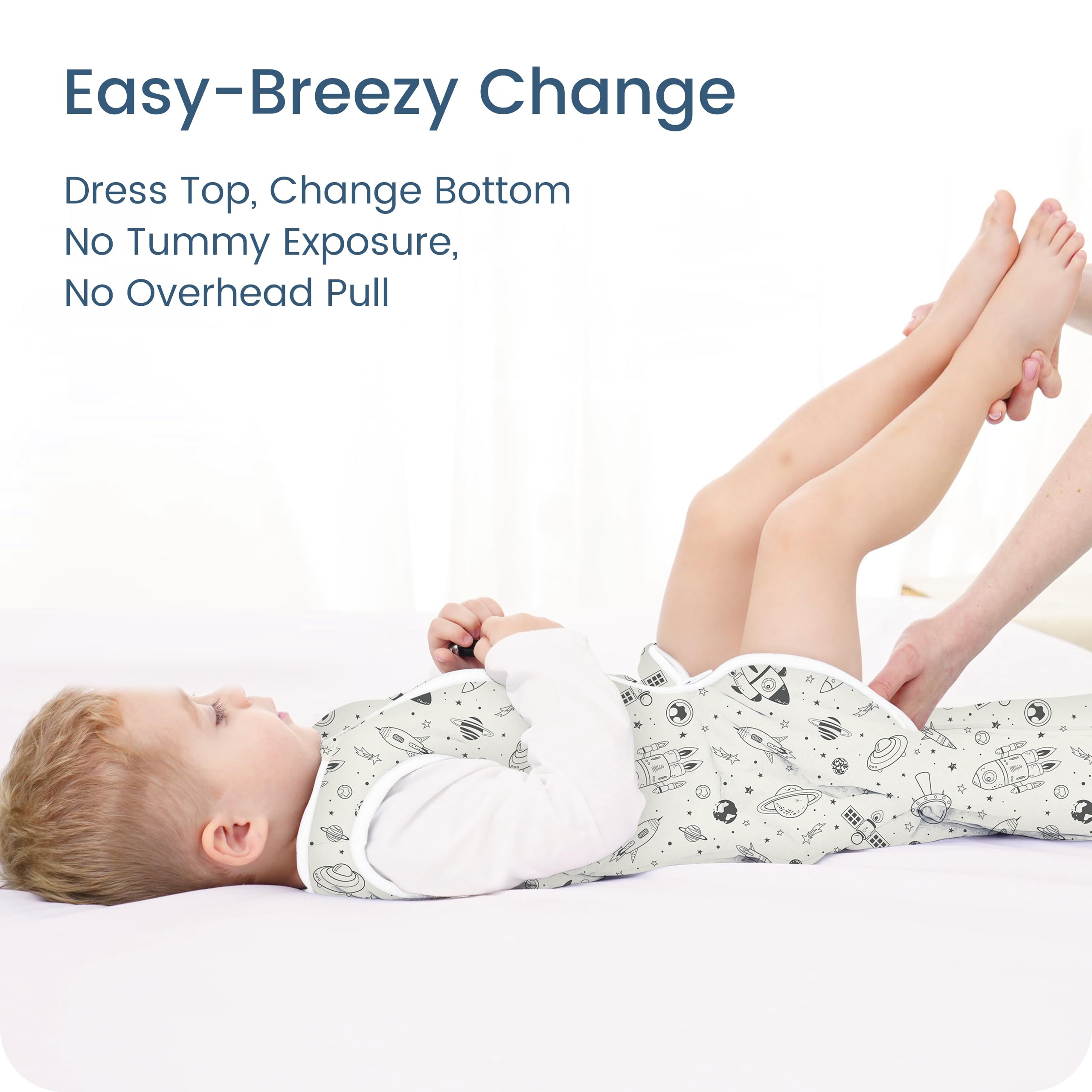 TOTBASIC Two-way zipper guard closeup demonstrates easy night-time diaper changes and skin protection.