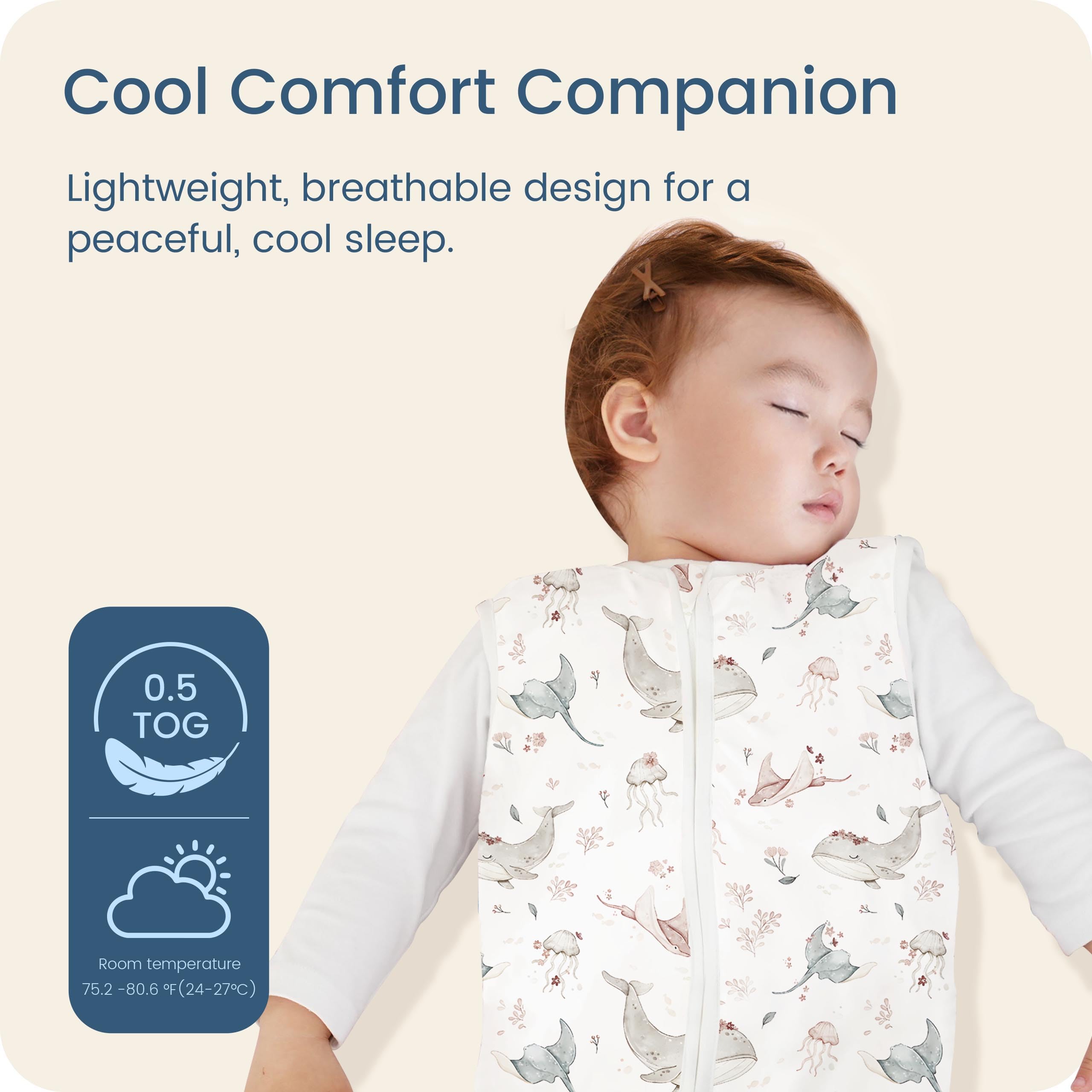 TOTBASIC two-way zipper sleep sack with safety cover enables quick diaper changes.