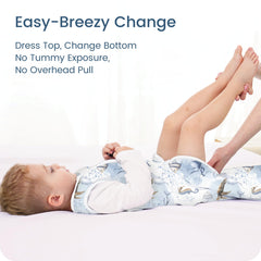 TOTBASIC two-way zipper close-up enabling easy diaper changes at night