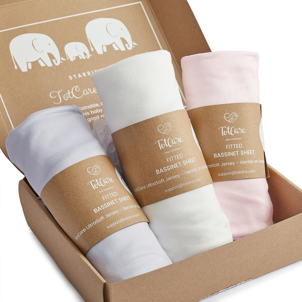 TotCare bassinet sheets 3-pack packaging shows pale pink, lavender, cloud colors for gifting.