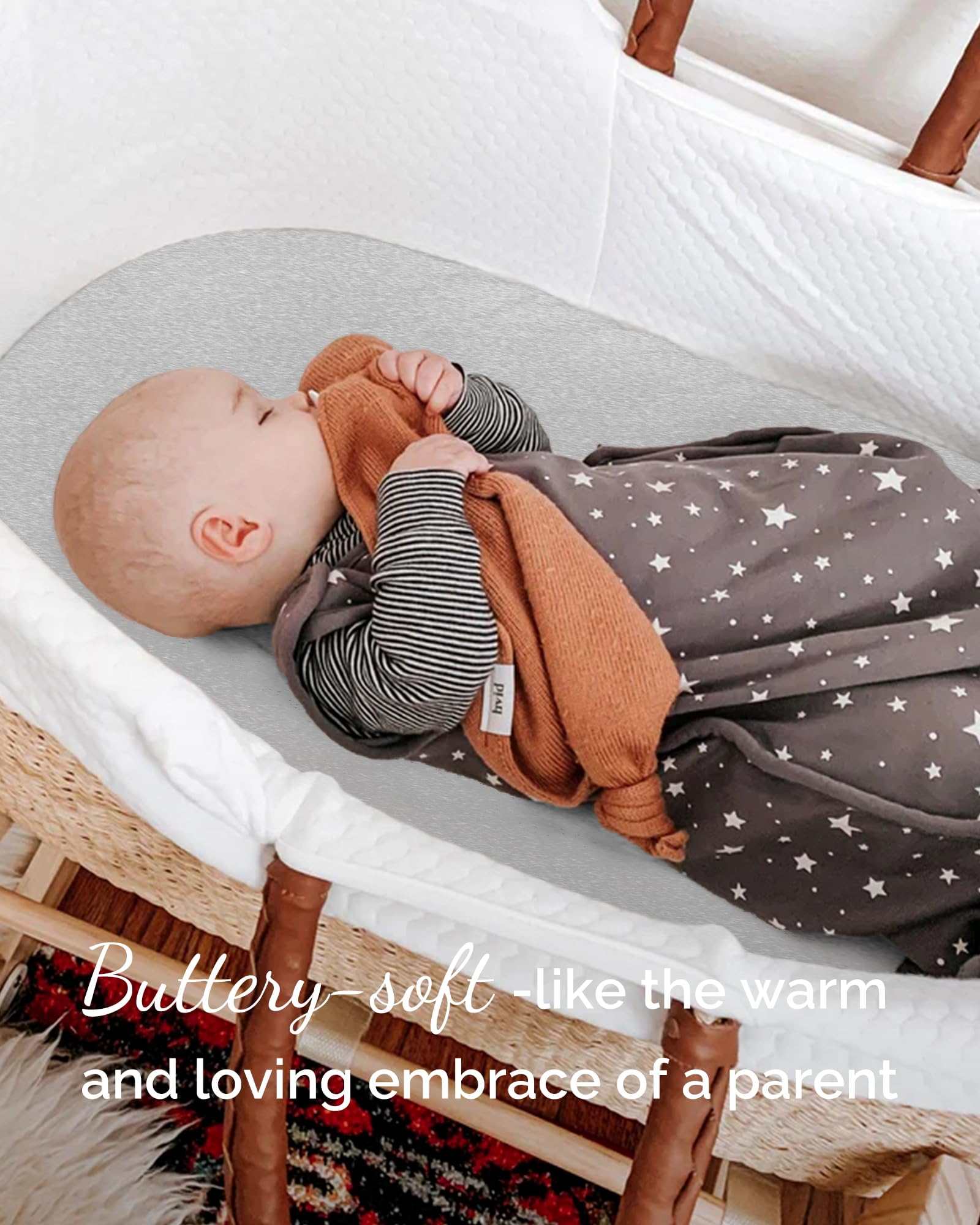 TotCare bassinet sheets grey fold showcase premium stretchy jersey for easy changes.