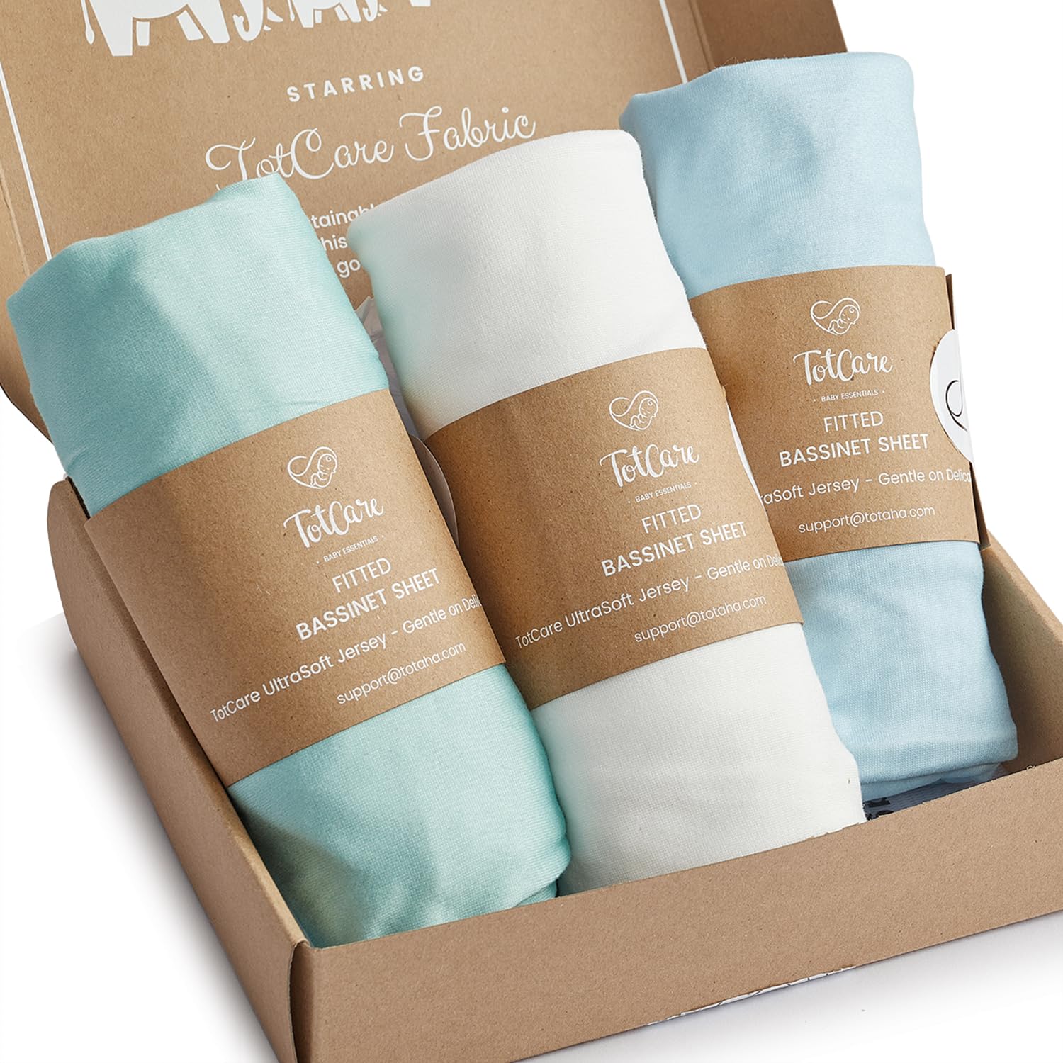 TotCare Mika Micky bassinet sheets in Sky color showing buttery softness for cozy naps