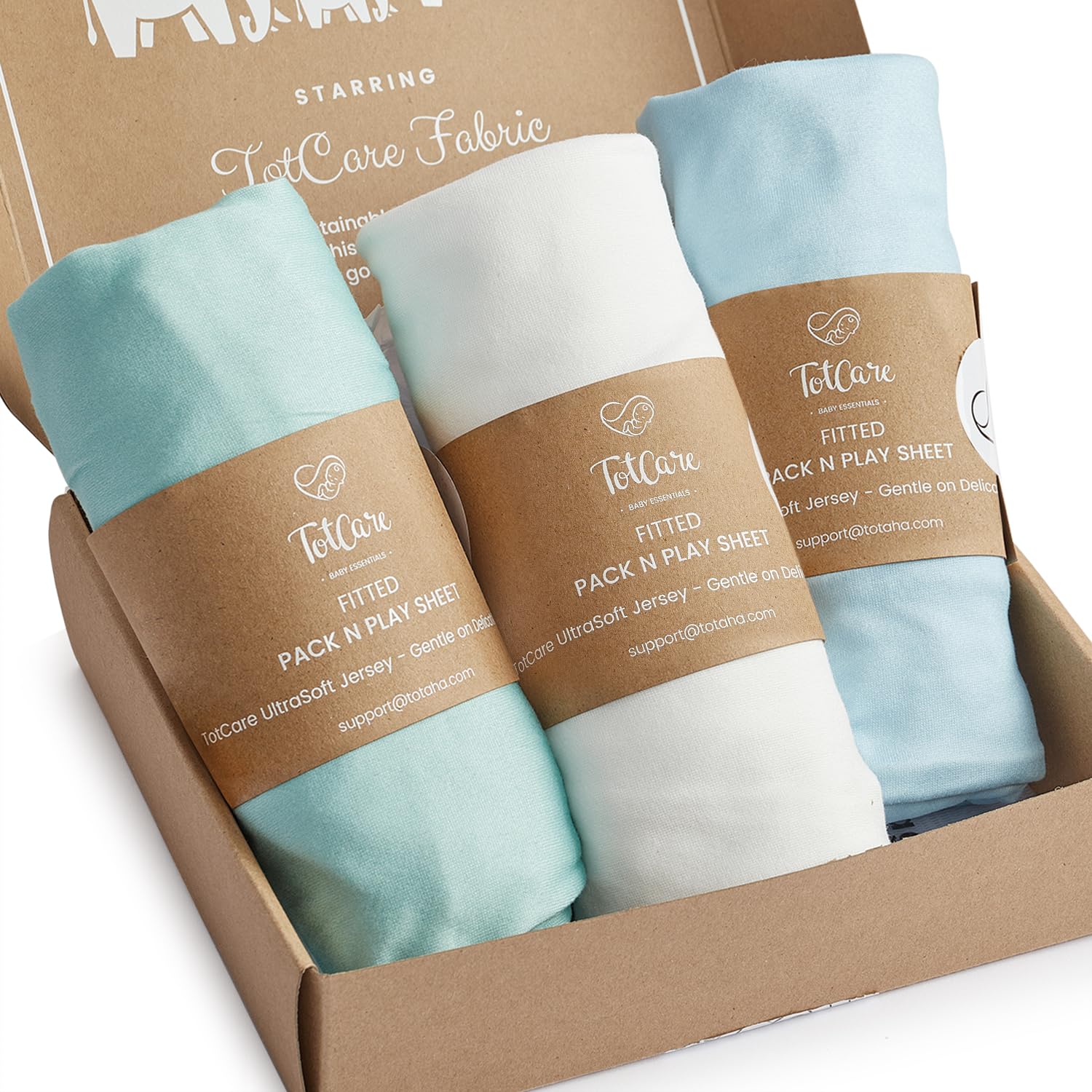 TotCare pack n play sheets in soft jersey providing gentle baby comfort.