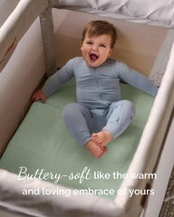 TotCare pack and play sheets blue-sage-cloud highlight durable microfiber and easy care.