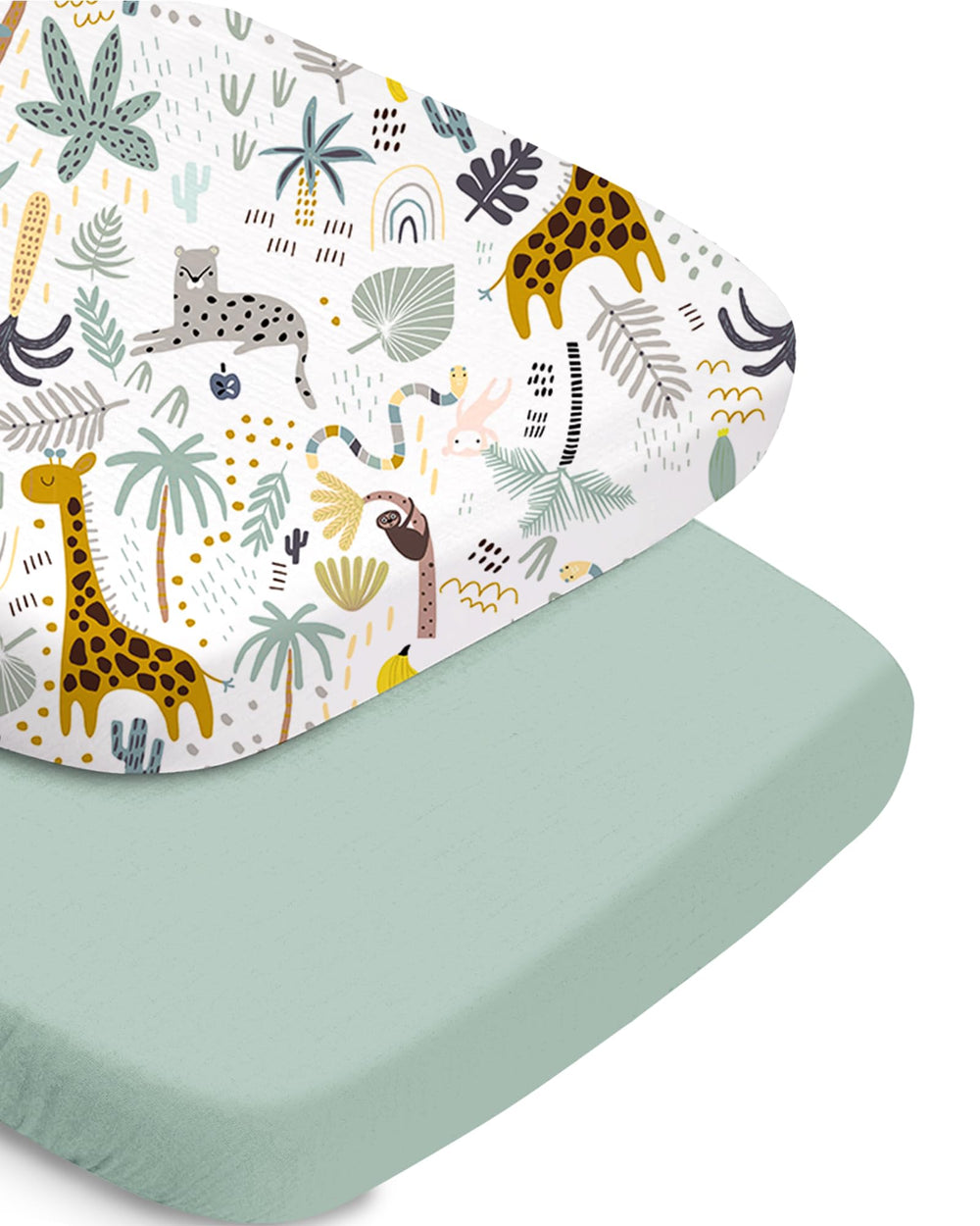 TotChill bassinet sheet in green giraff print offers cozy, breathable comfort for newborns.