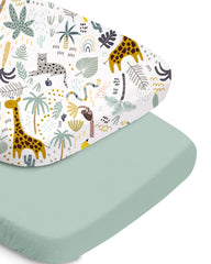TotChill bassinet sheet in green giraff print offers cozy, breathable comfort for newborns.