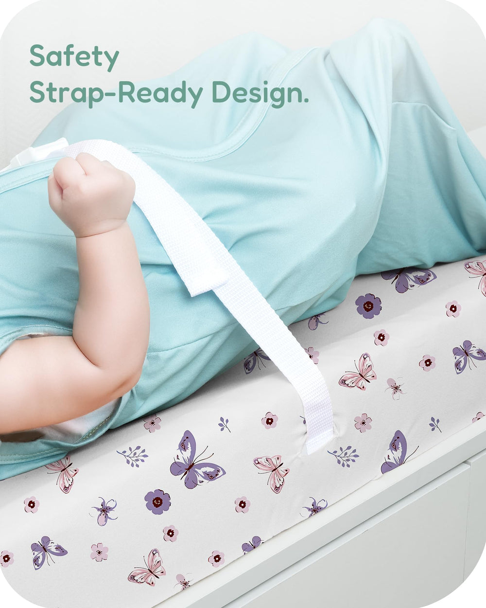 TotChill changing pad cover safety-harness access keeps baby secured without removing the cover.