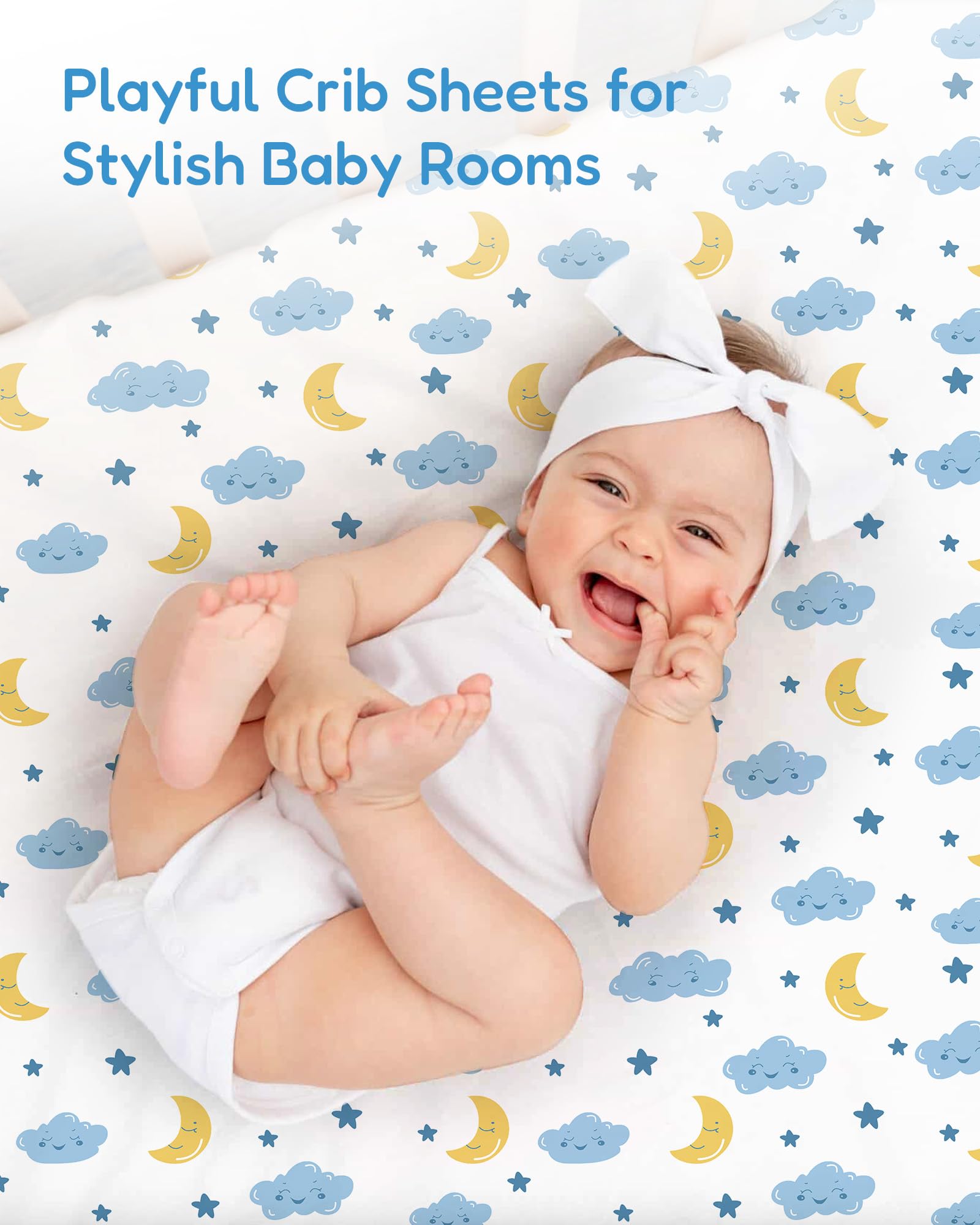 TotChill Cloud+Blue crib sheet 2-pack on display in nursery