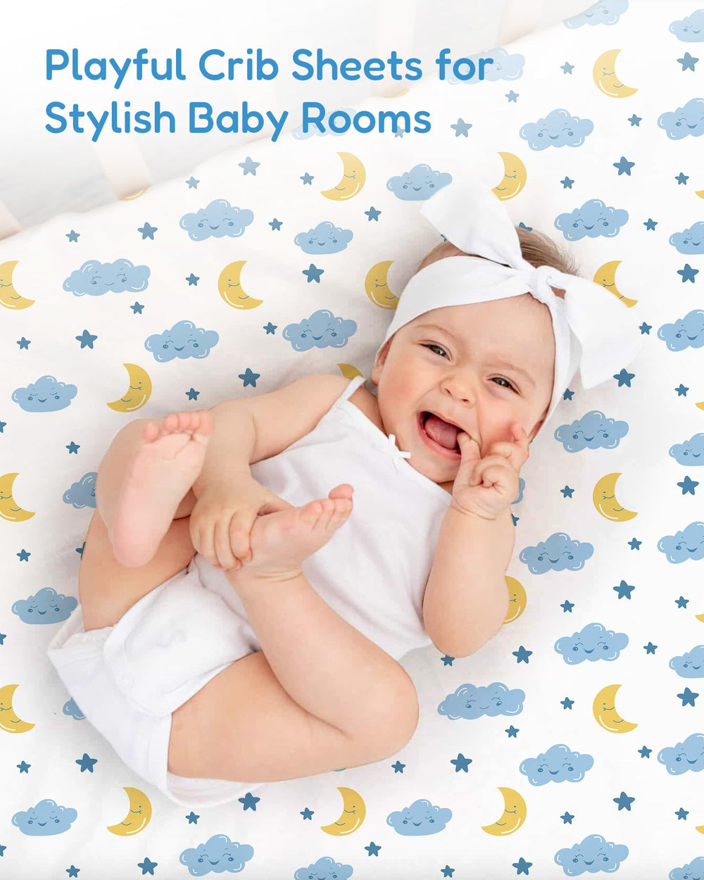 TotChill Cloud+Blue crib sheet 2-pack on display in nursery