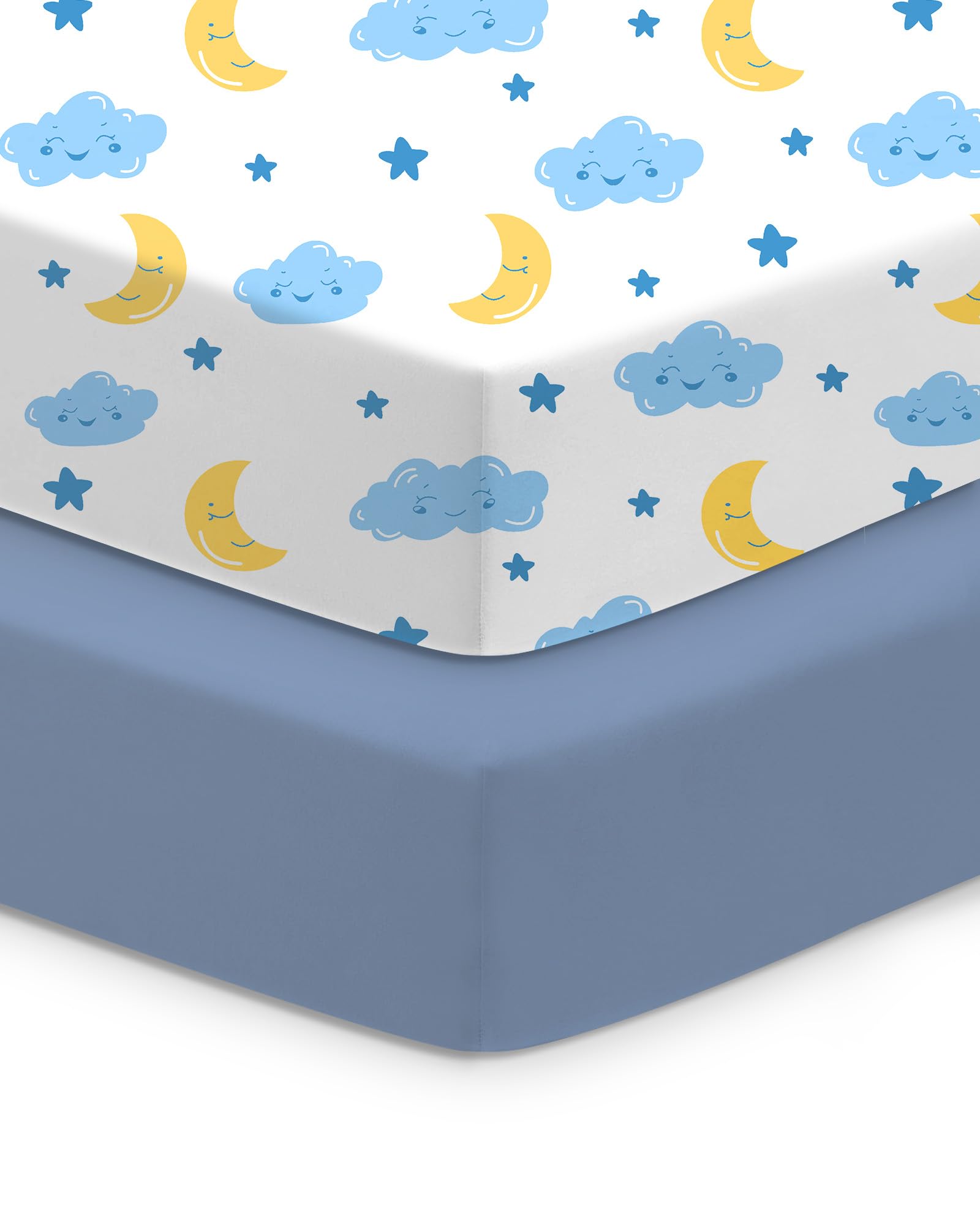 TotChill Cloud+Blue crib sheet packaged for gift-ready setup