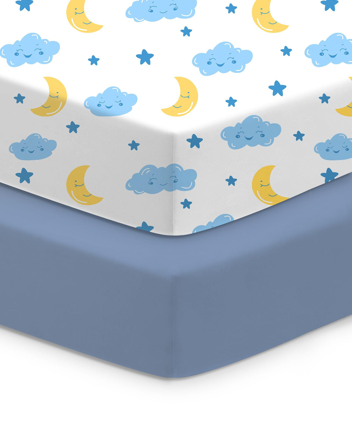 TotChill Cloud+Blue crib sheet packaged for gift-ready setup