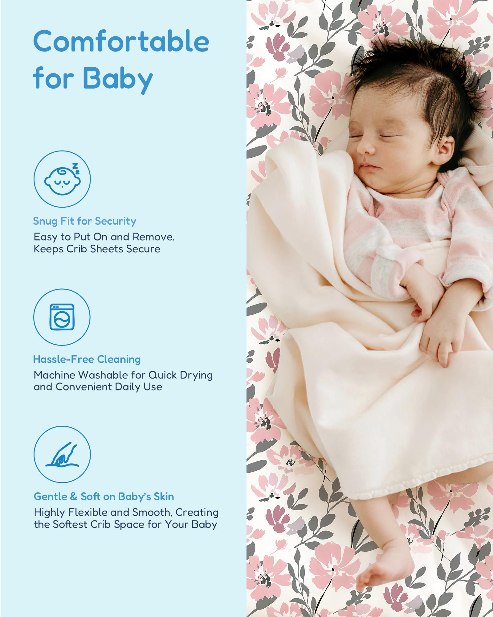 TotChill elastic-edge closeup shows easy on/off and stay-put fit for quick crib sheet changes.