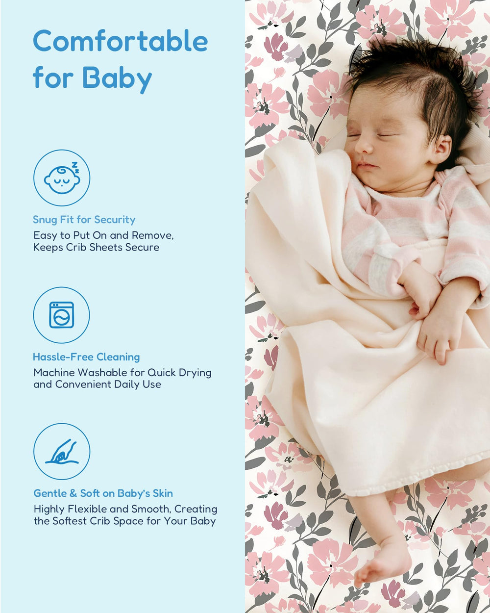 TotChill elastic-edge closeup shows easy on/off and stay-put fit for quick crib sheet changes.