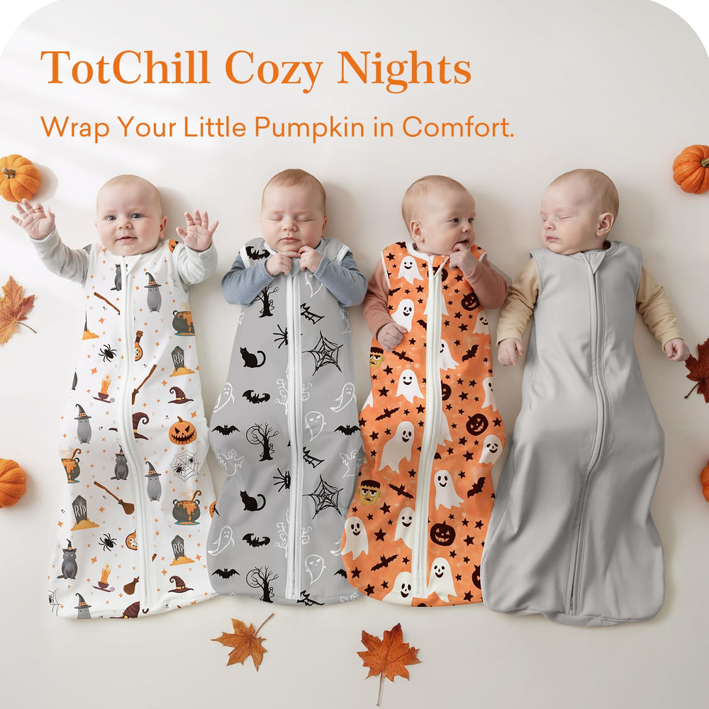 TOTCHILL pumpkin sleep sack on baby demonstrates cozy Halloween-themed comfort.