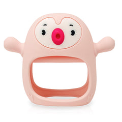 TOTCO never-drop teething toy pink penguin buddy on baby's wrist eases teething discomfort