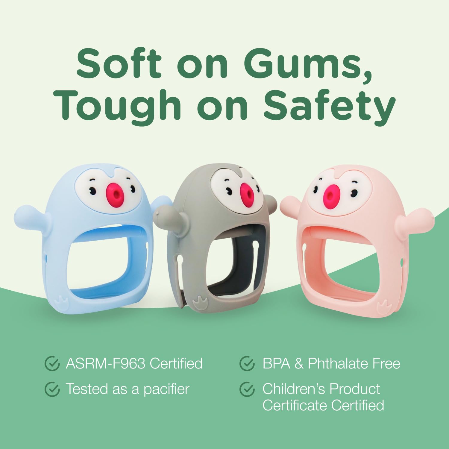 TOTCO penguin buddy teether promotes sensory exploration of texture