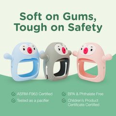 TOTCO penguin buddy teether designed for safe textured mouthing exploration.